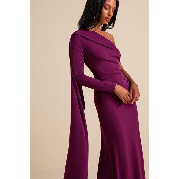 NWT Lulus Maru Plum Purple Long Sleeve One-Shoulder Sash Maxi Dress Gala Size L - Picture 8 of 10